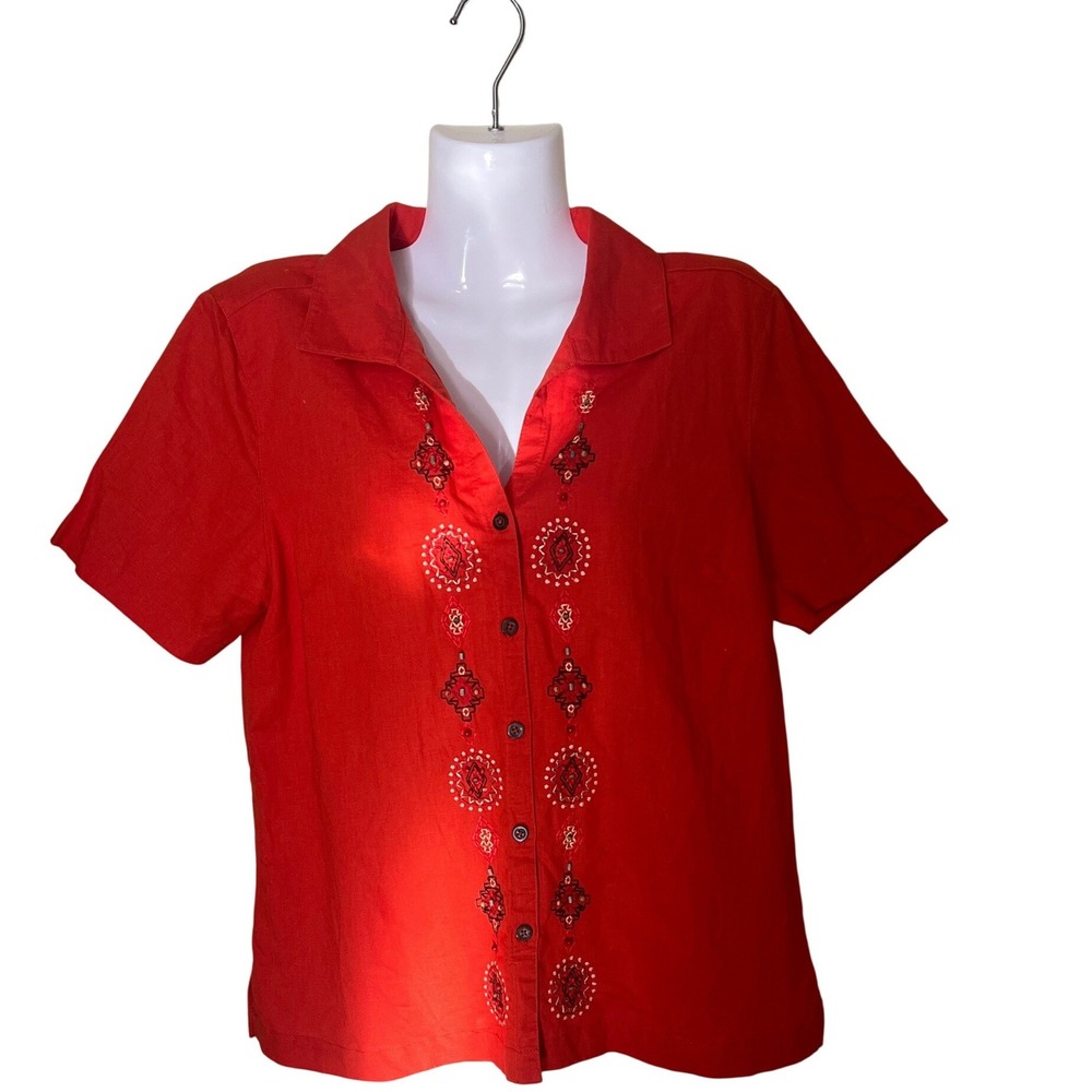 Embroidered LInen Blend Shirt Medium Button Up Shirt Women's‎ Boho Lagenlook